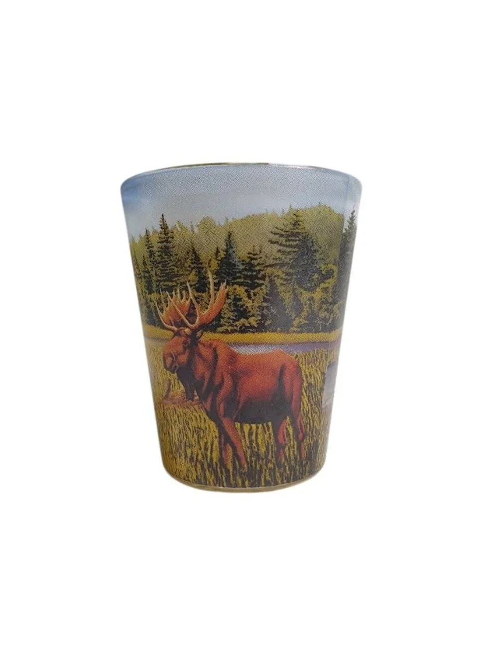 Vermont Moose Souvenir Shot Glass Collectible Maple Leaf Colorful Scenic Artwork